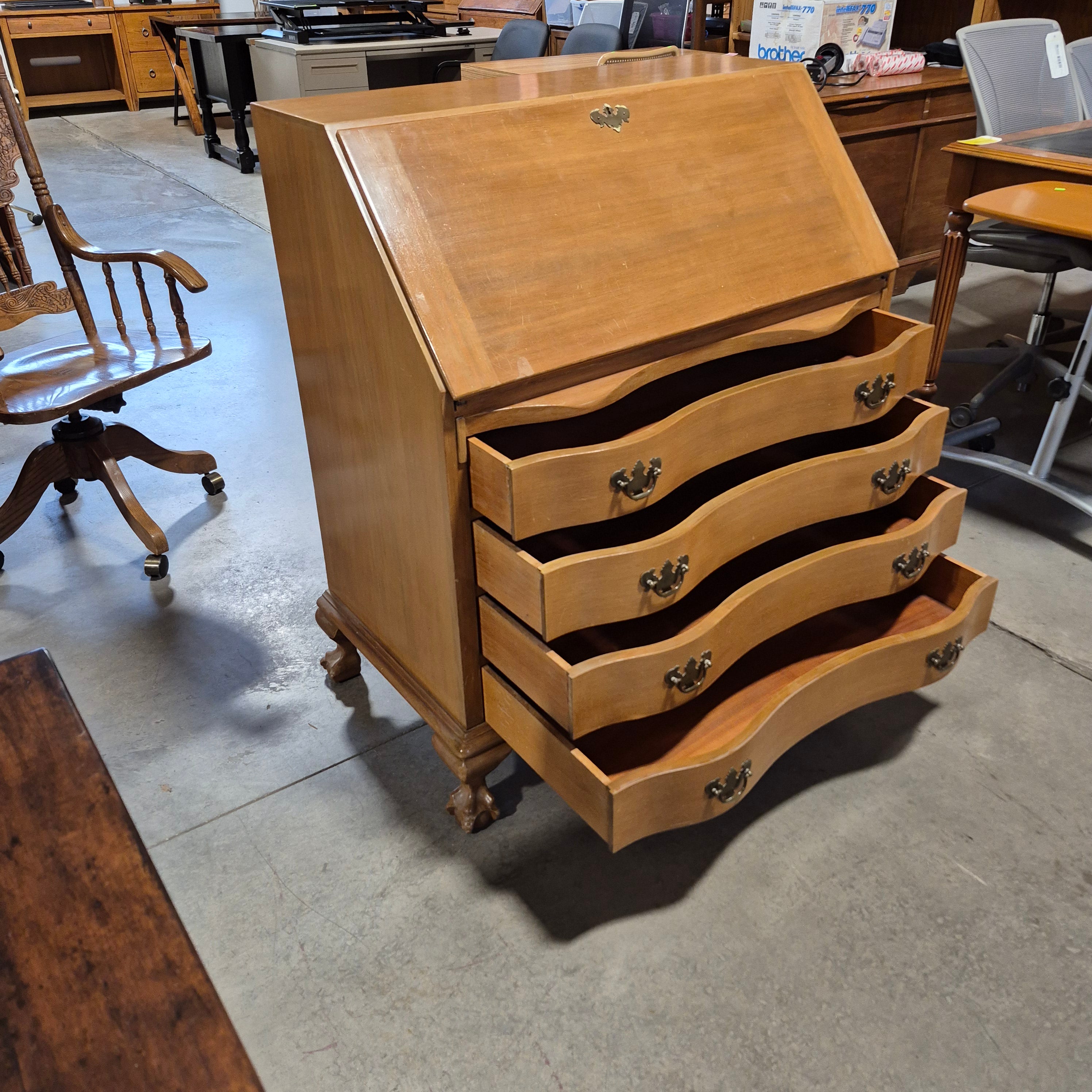 Vintage Maple Carved Wood 4 Drawer Fold Down Secretary Chest Desk 36"x 22"x 41.5"