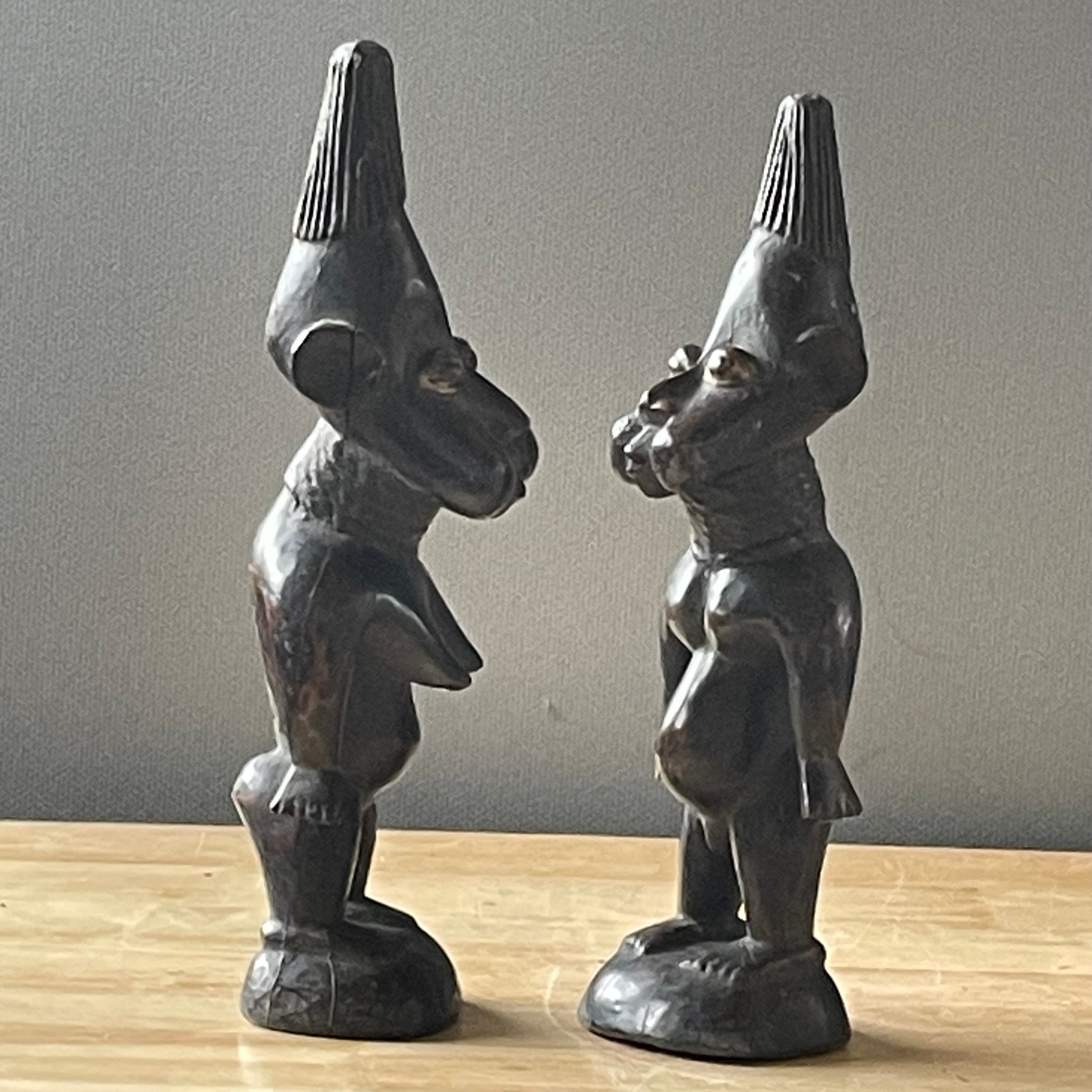 Vintage Nigerian Hand Carved Yoruba Ere Ibeji Figurines, Pair, 4"x 12" Approximately