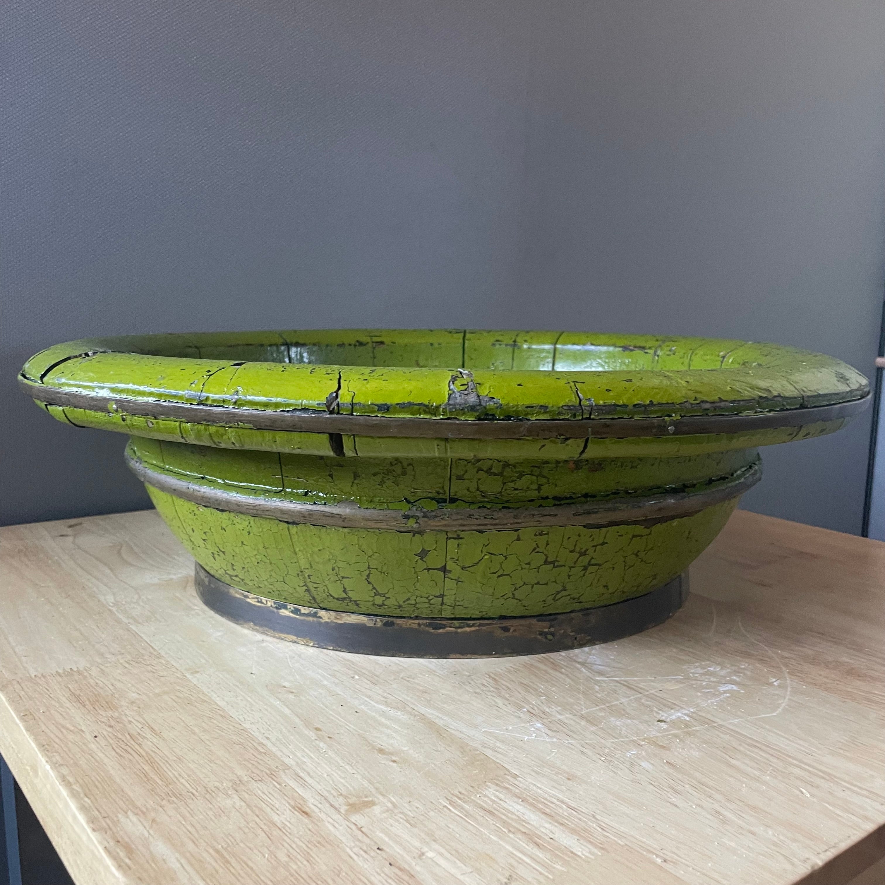 Antique Chinese Green Lacquer Wood, Metal Banded Wash Basin, 20.5"x 6"