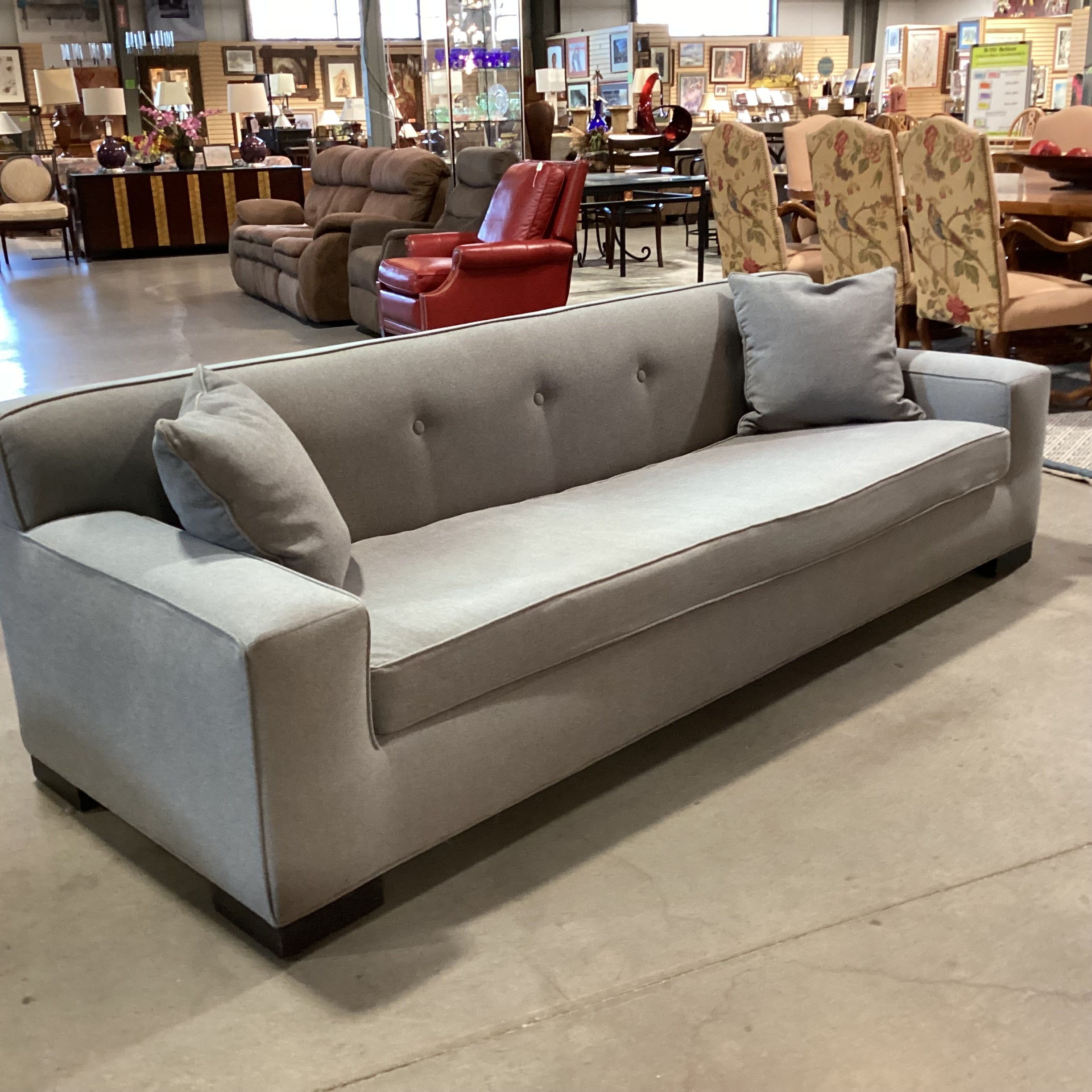 Mid Century Modern Style Blue Grey Wool Button Tufted Back Long Sofa 98"x 36"x 30"