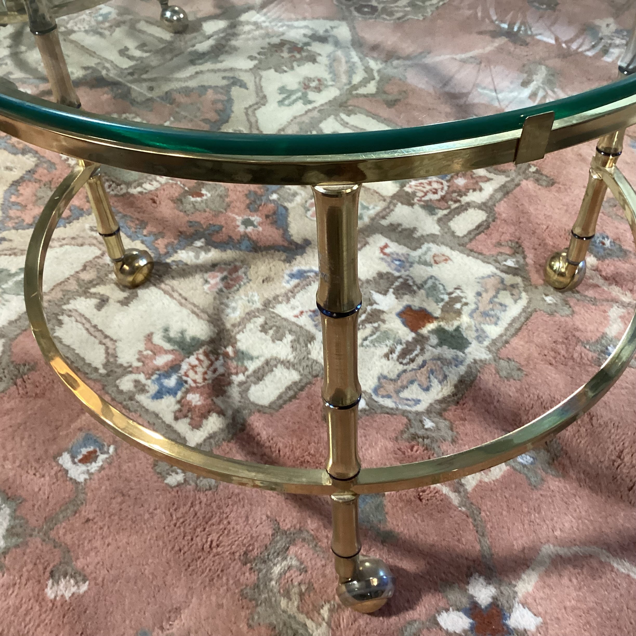 Vintage Mid Century Brass Bamboo Style & Glass Rounds on Casters Fold in Expandable Coffee Table 25" to 56"x 22"x 18"