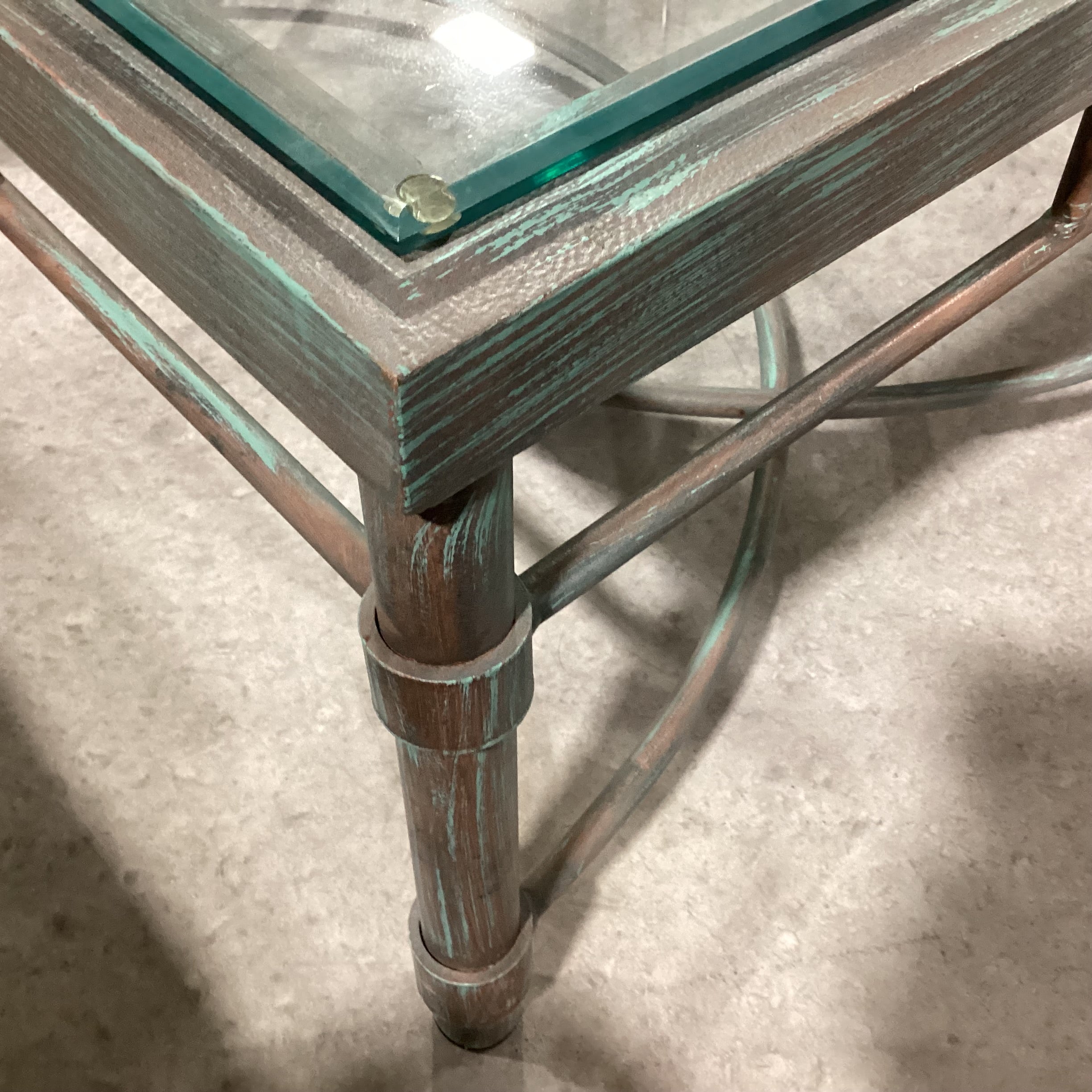 Metal with Verdigris Like Finish Glass Top Coffee Table 48"x 36"x 17"