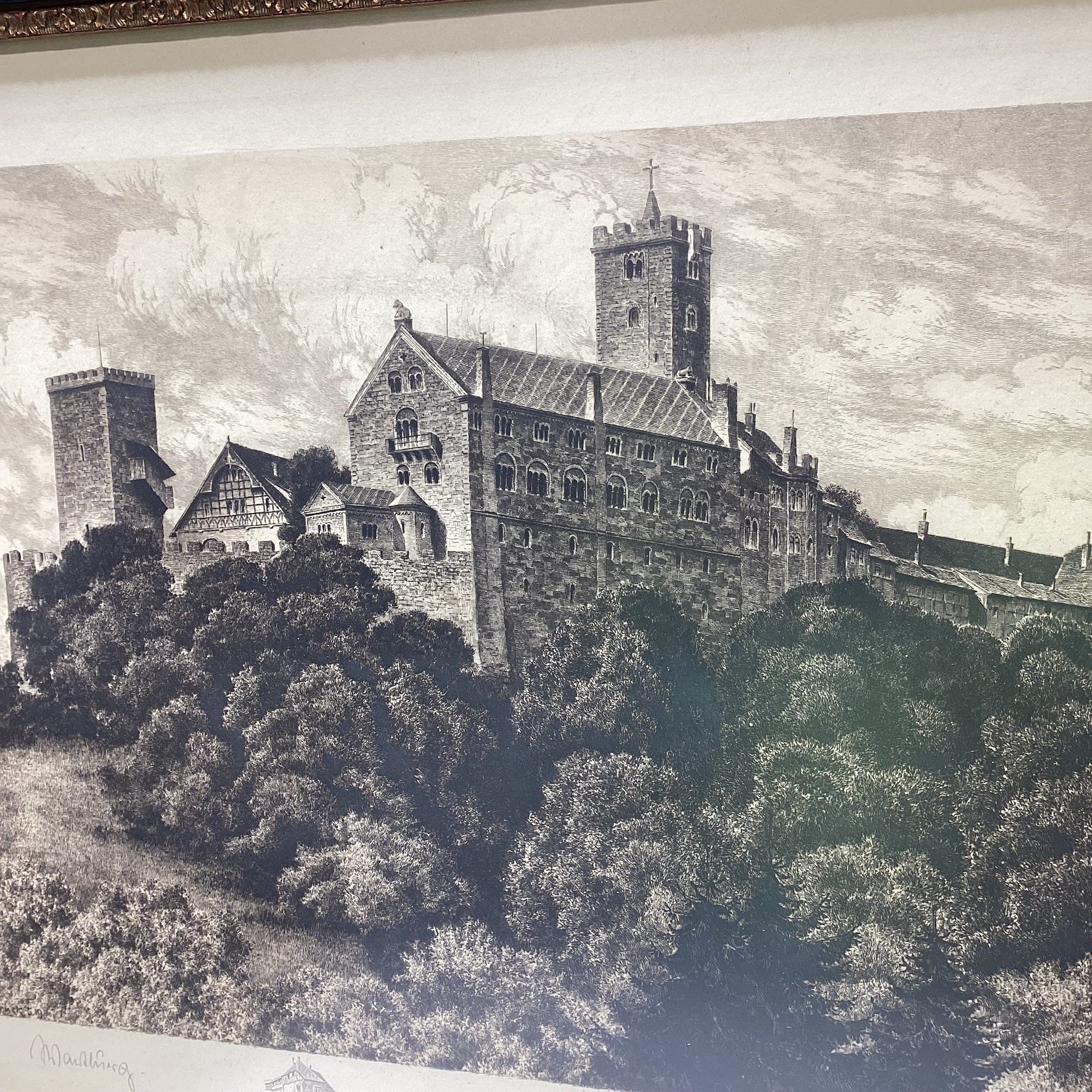 Albrecht Bruck Signed Wartburg Castle, Eisenach, Germany Etching In Gold & Black Frame 31.5" x 25.5"