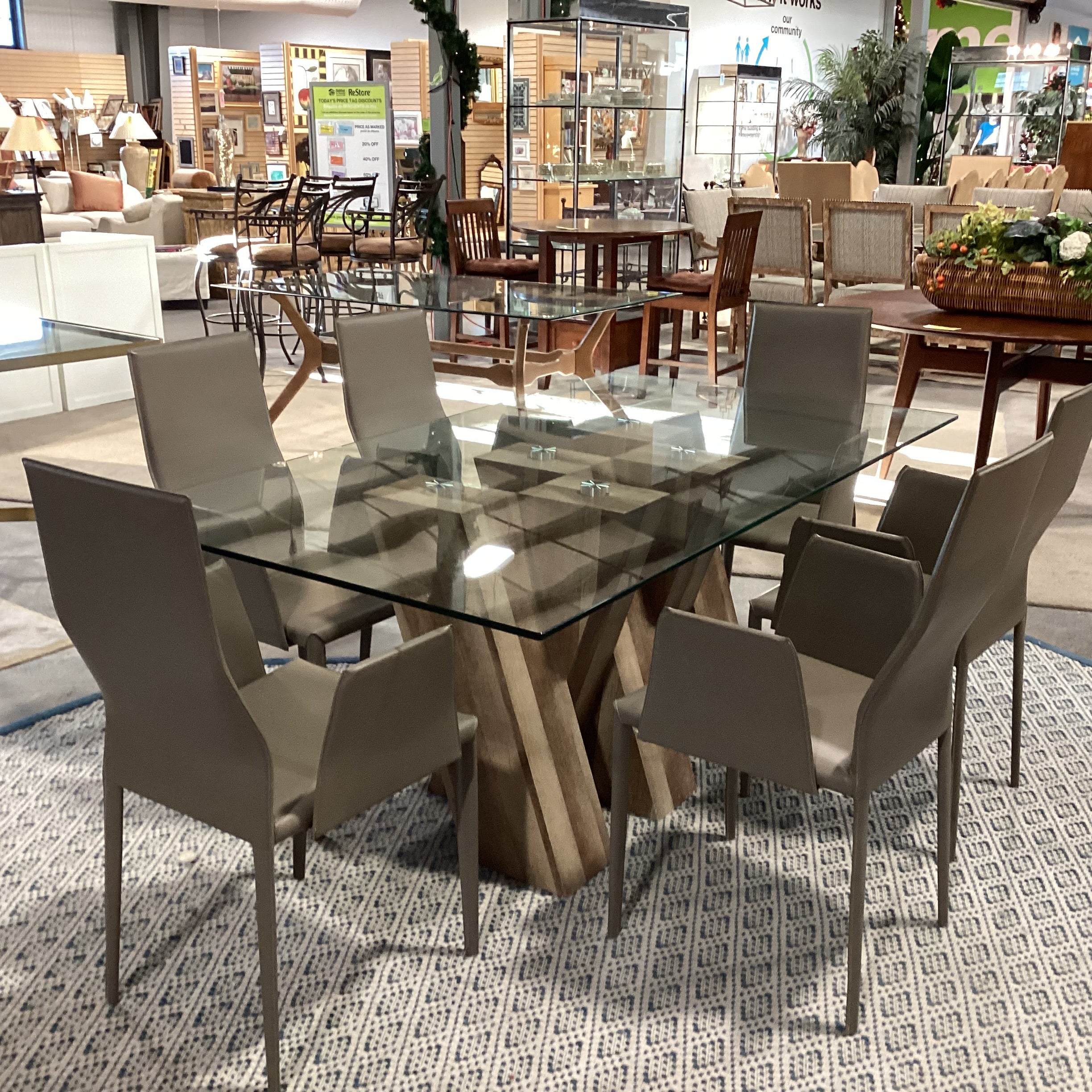 Modern Simulated Wood Grain Finish & Glass Table with 6 Taupe Regenerated Leather Wrapped Chair Dining Set 71"x 39"x 30"