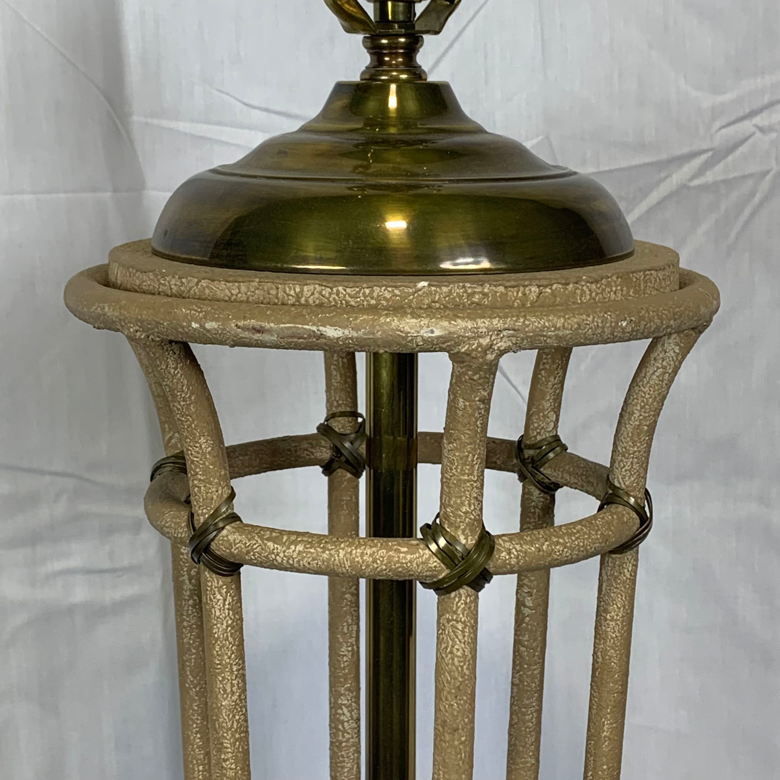 11" Diameter x 63" Brass and Beige Painted Metal Floor Lamp