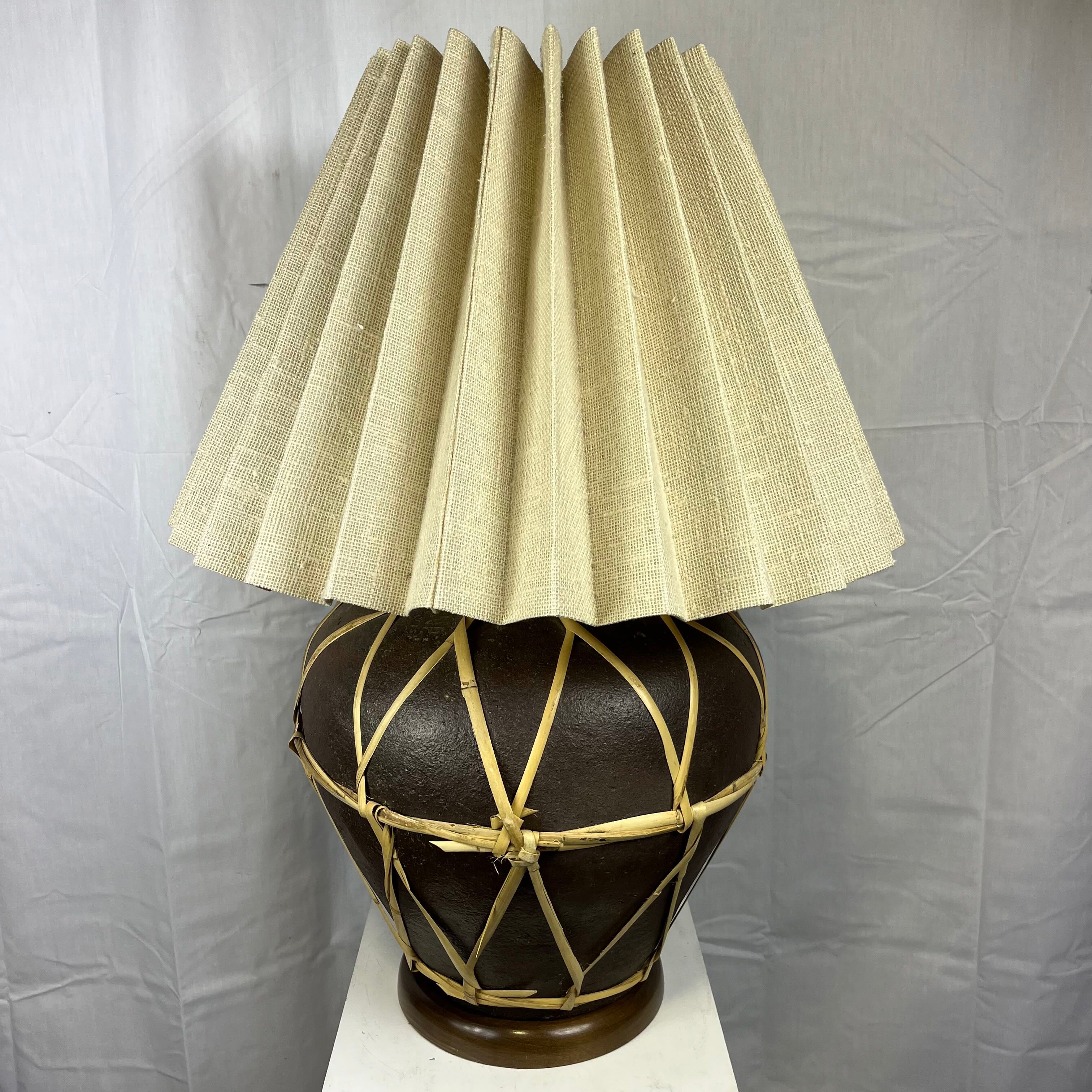 22" Diameter x 29.5" Ceramic with Criss Cross Dried Grass Design on Wood Base 2 Light Table Lamp