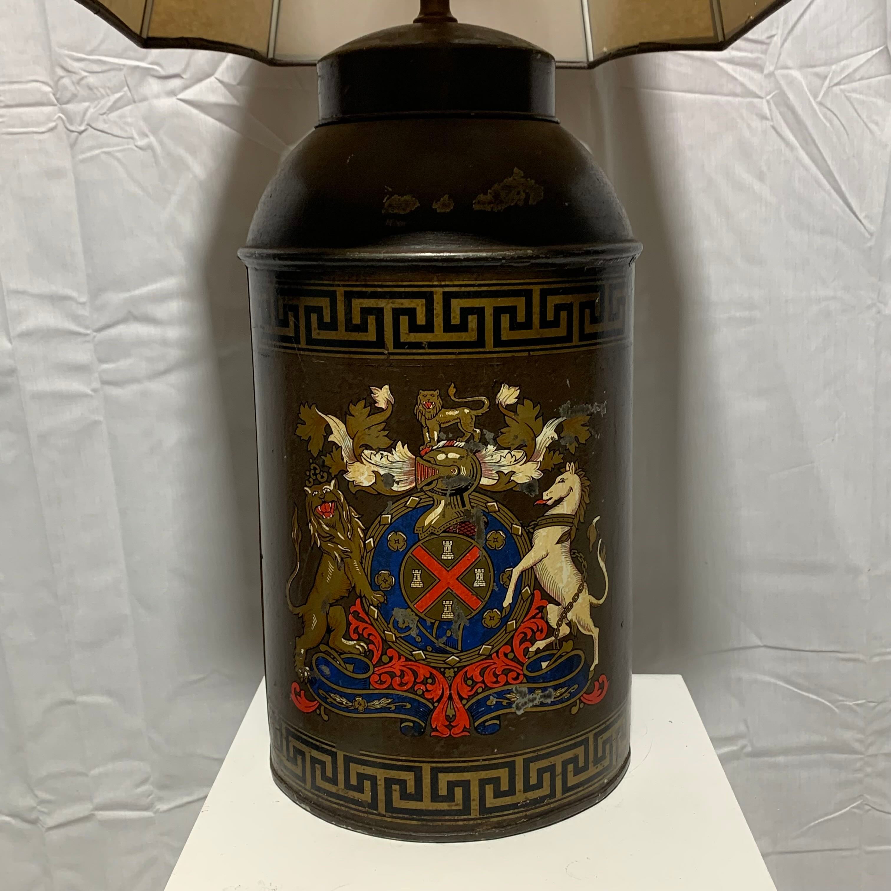 15"x 15"x 30" Vintage Metal Painted Coat of Arms with Greek Key Border Canister Table Lamp