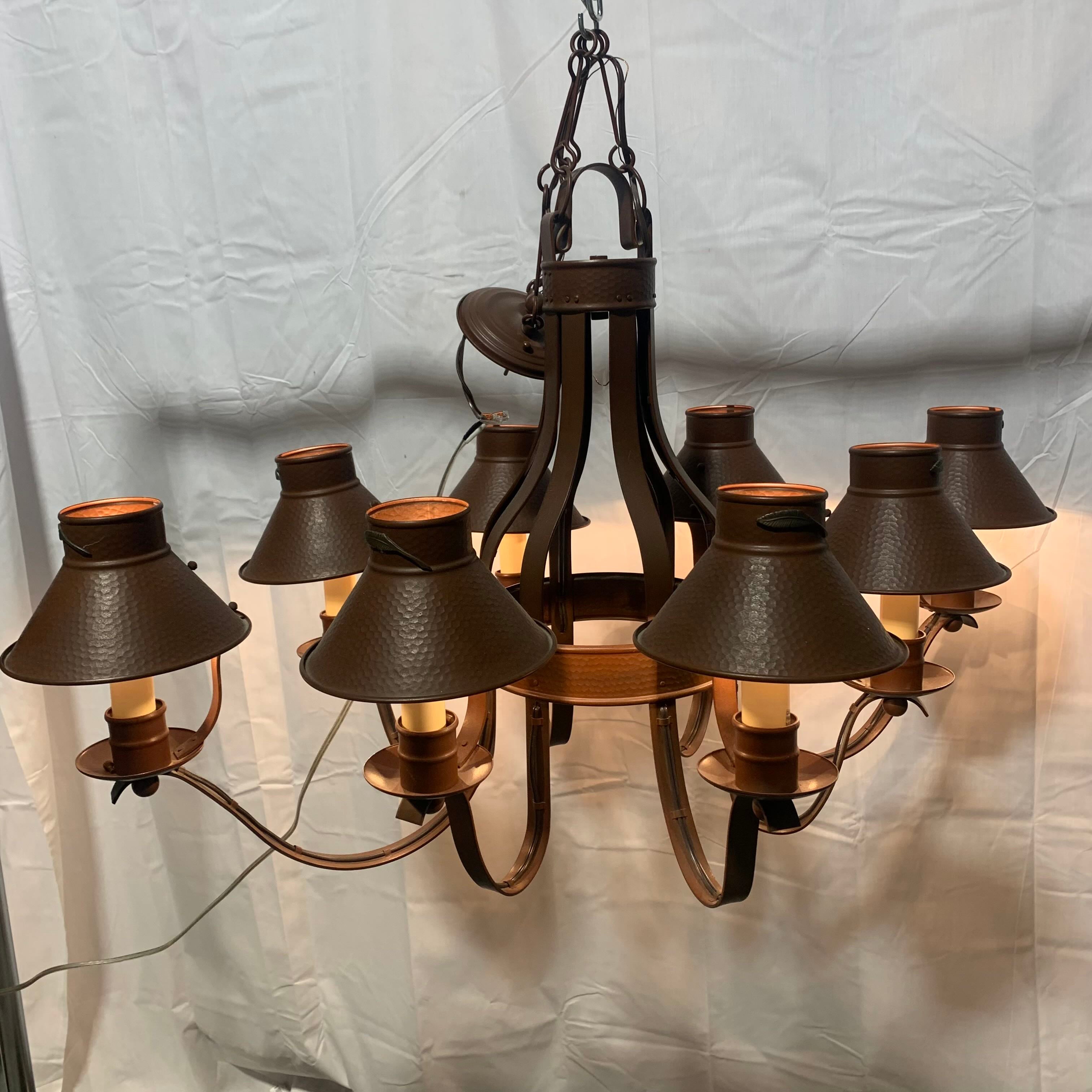 42"x 30"x 25" Lodge Style Hammered Metal Shades with Leaf Detail 8 Light Chandelier