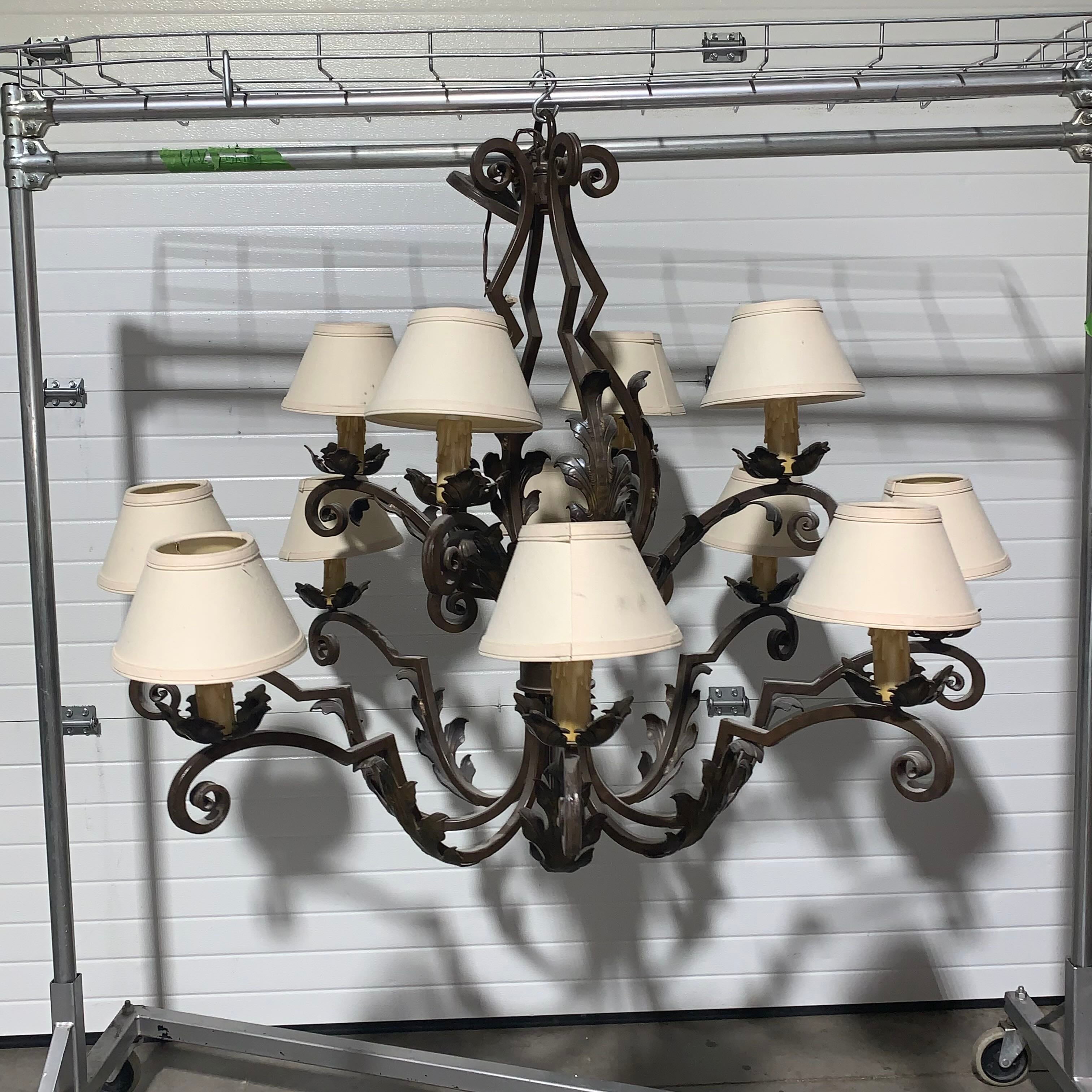 48" Diameter x 40" Iron with Leaf Accents and Linen Shades 12 Light Chandelier