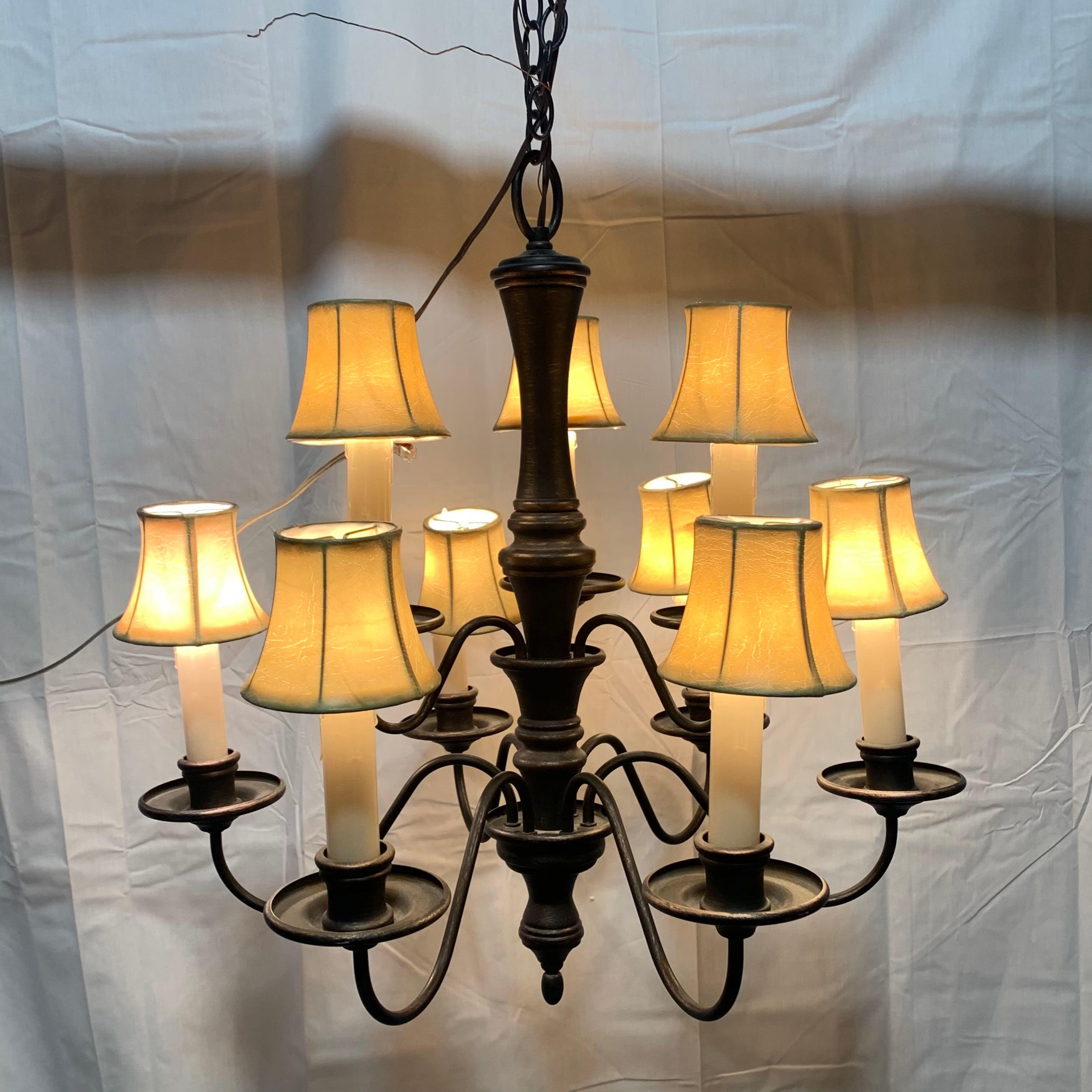 26" Diameter x 27" Bronze Colored Metal 9 Light with Shades Chandelier