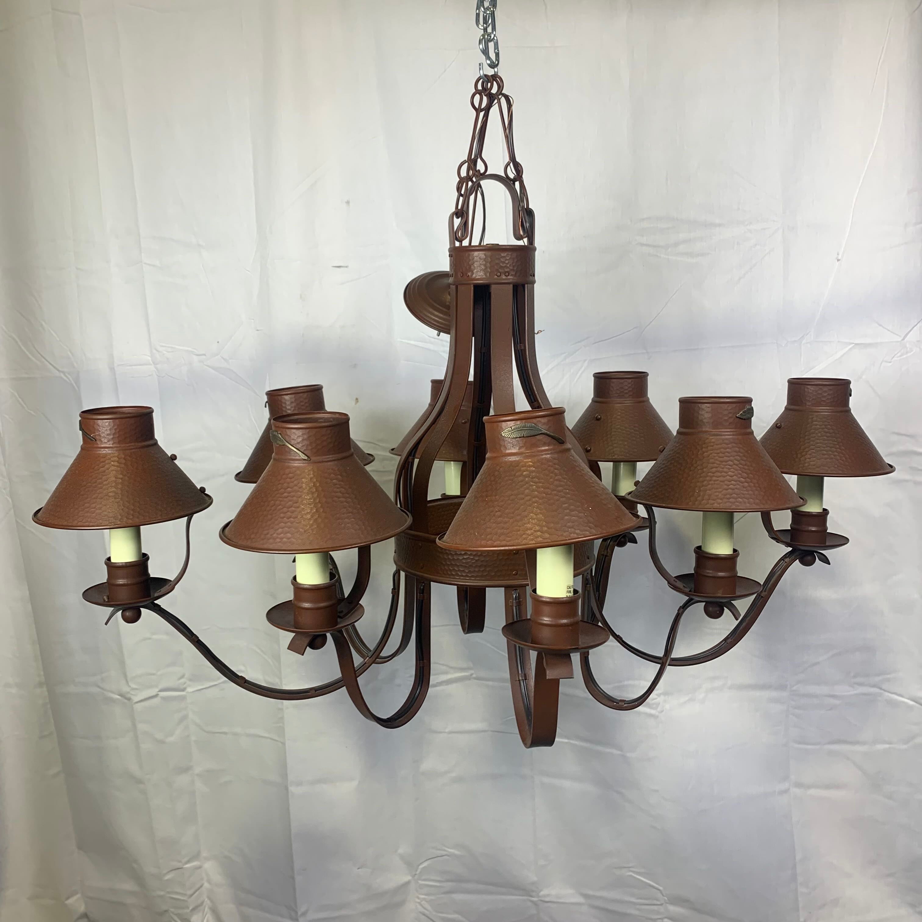42"x 30"x 25" Lodge Style Hammered Metal Shades with Leaf Detail 8 Light Chandelier