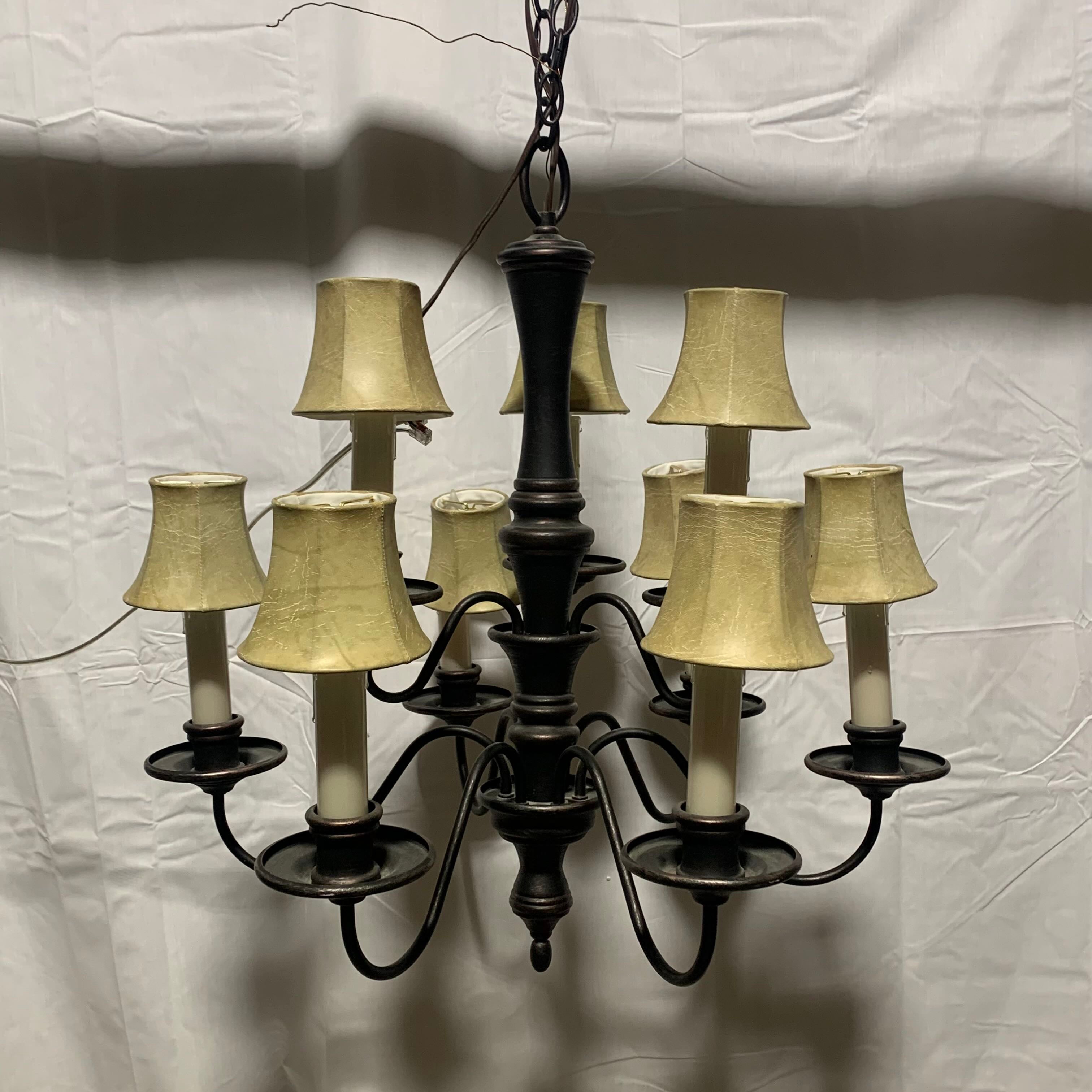 26" Diameter x 27" Bronze Colored Metal 9 Light with Shades Chandelier
