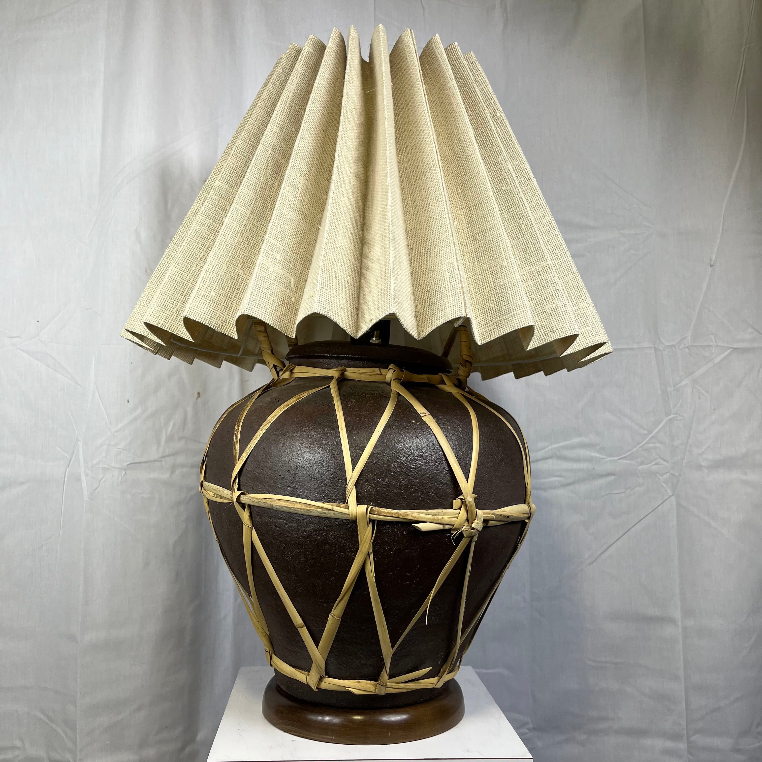 22" Diameter x 29.5" Ceramic with Criss Cross Dried Grass Design on Wood Base 2 Light Table Lamp