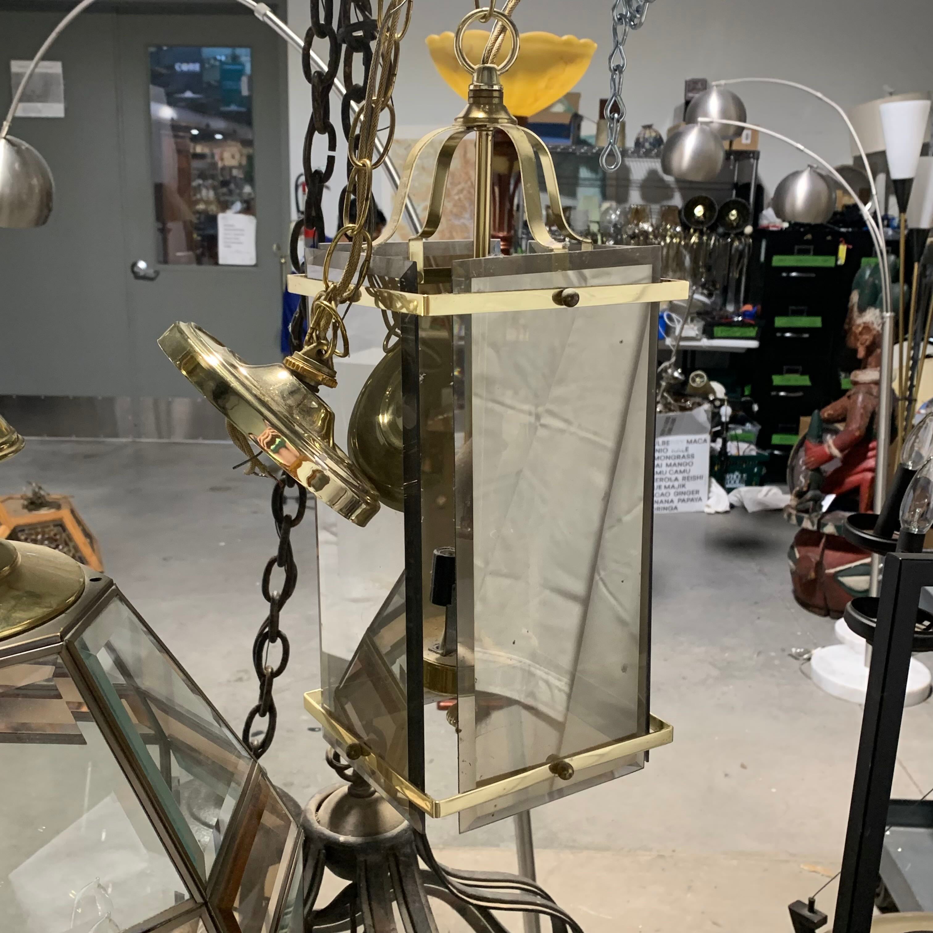 7"x 7"x 17" Brass and Glass Panel 2 Light Lantern Pendant